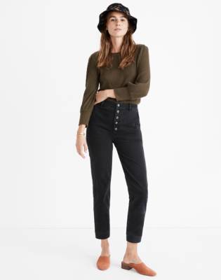 black button front jeans