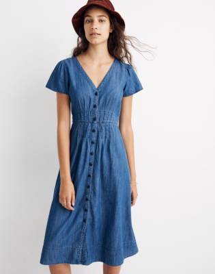 Denim Pleat-Waist Midi Dress