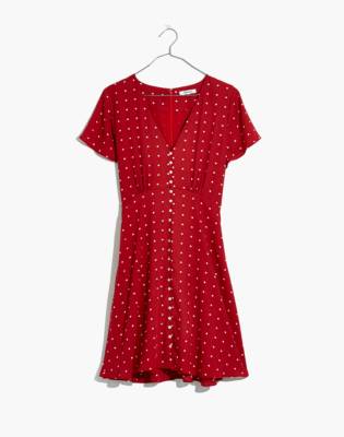 red polka dot button down dress