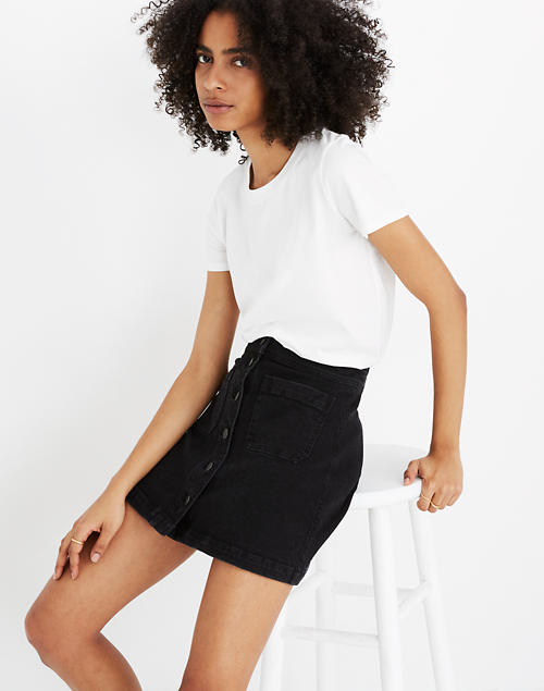 Stretch Denim A-Line Mini Skirt in Black Frost: Patch Pocket Edition