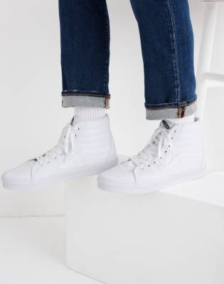white canvas high top vans