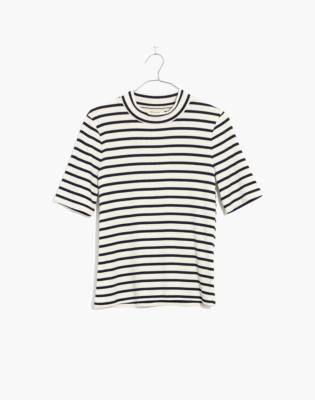 black and white striped mock neck