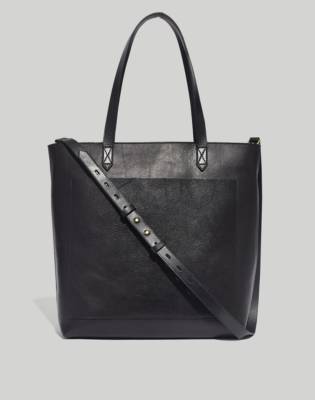 black leather tote with zipper