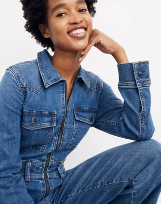 denim zip front jumpsuit