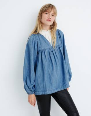 Denim Shirred Balloon-Sleeve Peasant Top