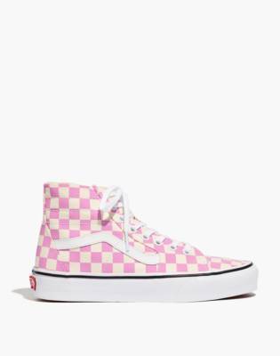 pink checkerboard high top vans
