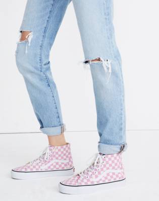 pink and white checkered high top vans