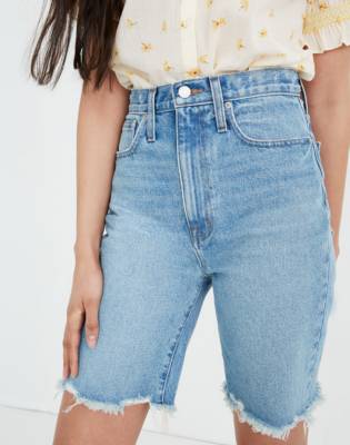 high rise long denim shorts