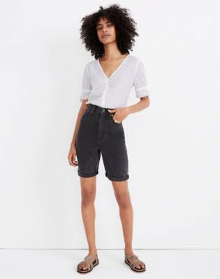 high rise long denim shorts