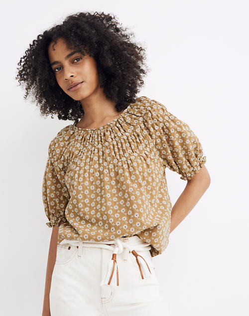 Daisy Embroidered Shirred Puff-Sleeve Top in olive srpls twotone daisy image 1