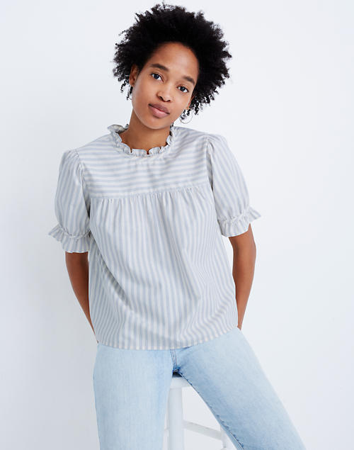 Ruffle-Neck Keyhole Top in Stripe in botanical stripe soft blue image 1