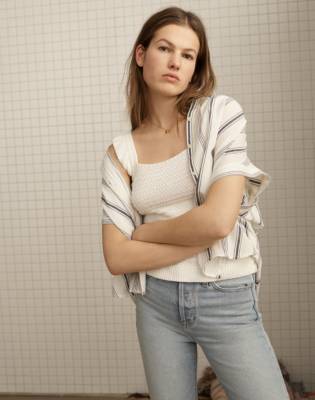 madewell denim ruffle strap jumpsuit