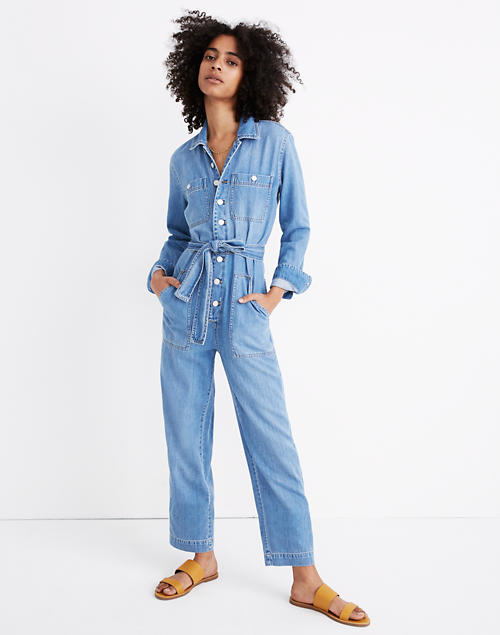 Denim Tie-Waist Jumpsuit in Cosgrove Wash in cosgrove wash image 1