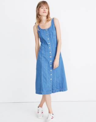 denim button front midi dress