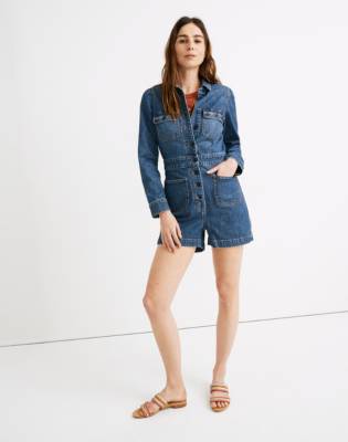 madewell denim puff sleeve jumpsuit