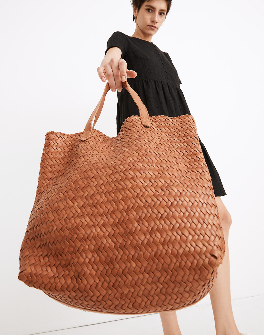 Black woven tote bag real leather for women
