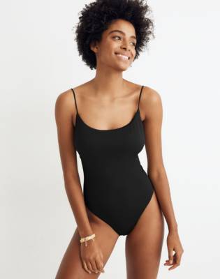 black spaghetti strap one piece swimsuit