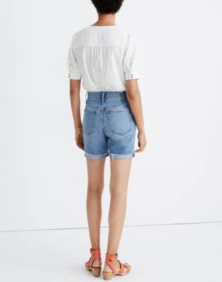 high rise mid length denim shorts