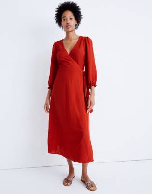 Women's Ruffle-Cuff Wrap Dress in Red 