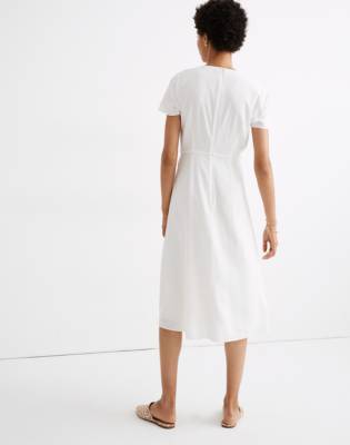 white linen midi dress with buttons