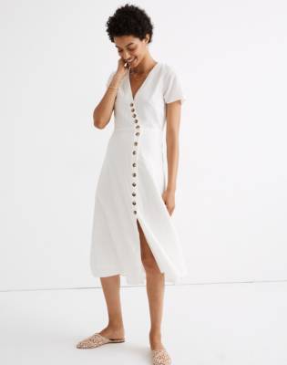 white linen midi dress with buttons