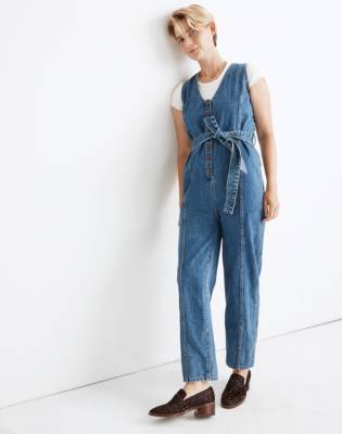 tie waist denim jumpsuit