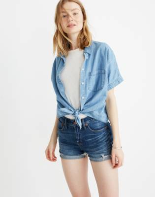 shirt and denim shorts