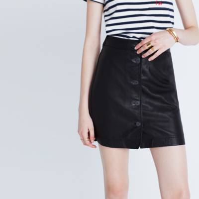 button front leather skirt