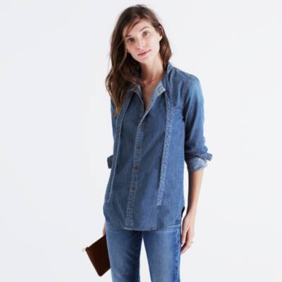 tie neck denim shirt