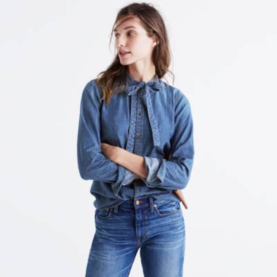 tie neck denim shirt