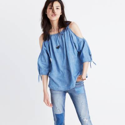 denim cold shoulder top