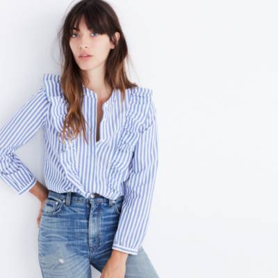 Striped Ruffle-Front Blouse