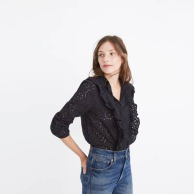 madewell eyelet ruffle mock neck top