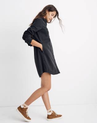 black dress with denim shirt