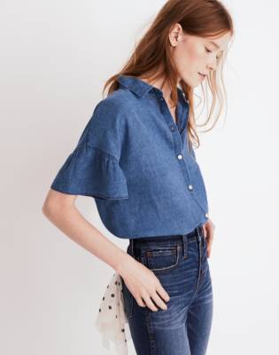 denim ruffle sleeve shirt