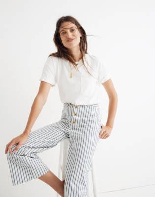 blue and white striped flare pants