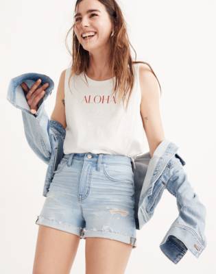 high rise long denim shorts