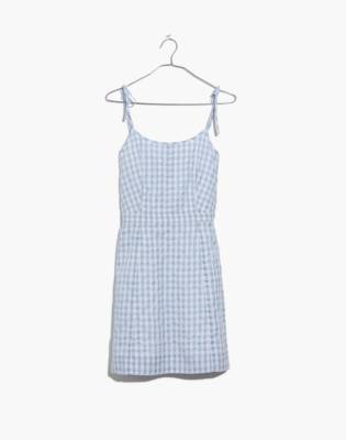 white and blue gingham dress