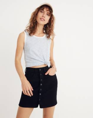 black denim skirt with buttons down the front