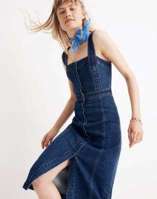 denim button front midi dress