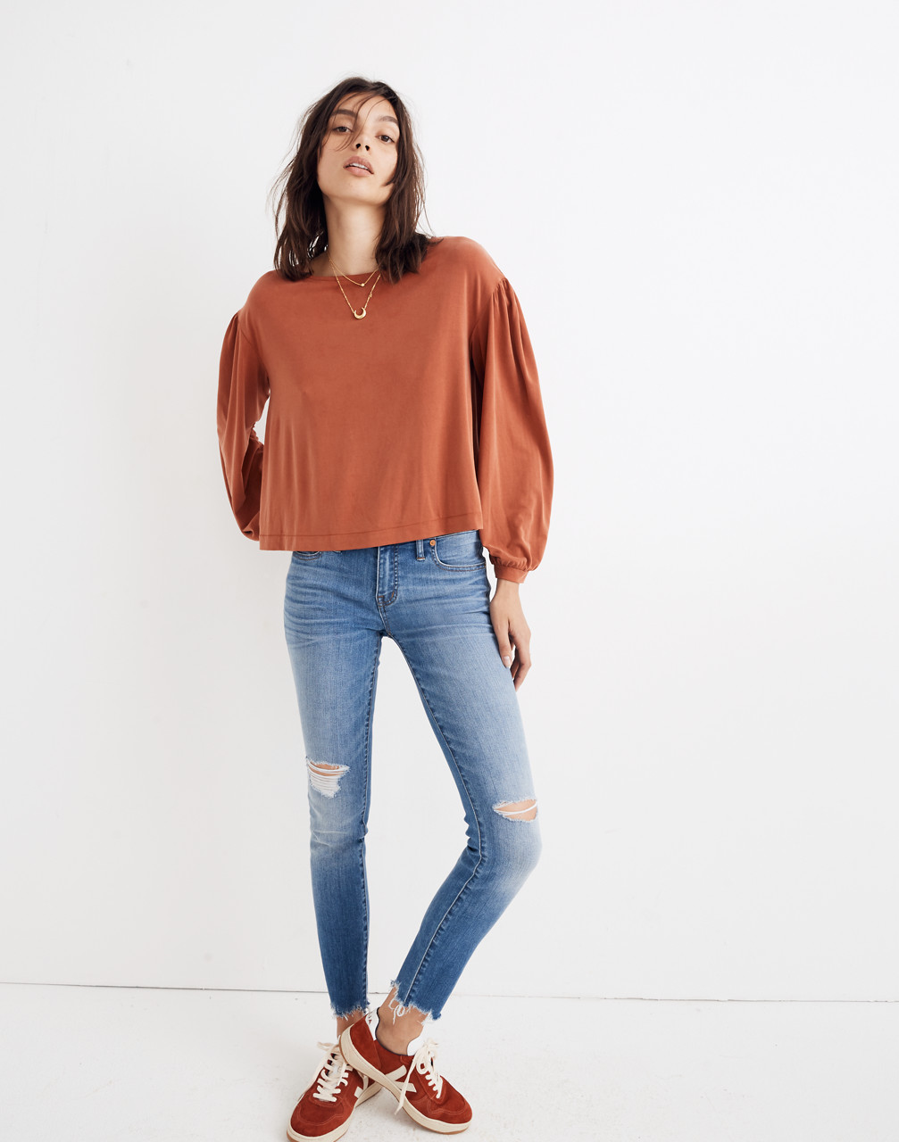 Sandwashed Gathered-Sleeve Top in rusty torch image 2