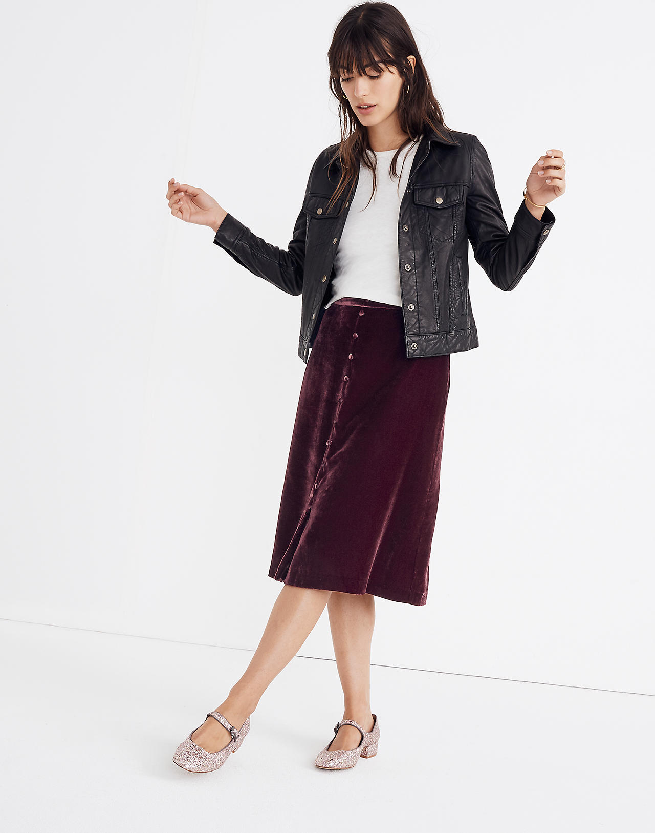 Velvet Button-Front Midi Skirt