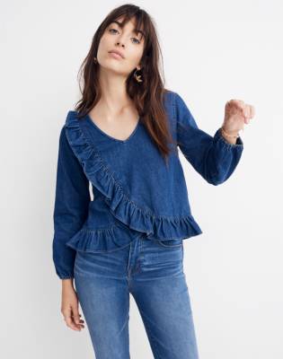 denim ruffle sleeve shirt