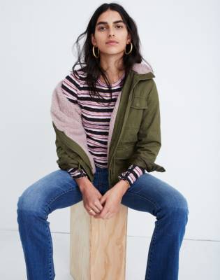 sherpa jacket with denim trim