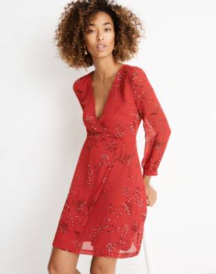 red wrap front dress