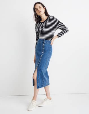 stretch denim midi skirt