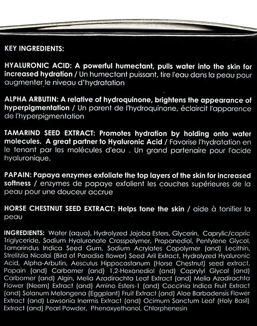Ingredients in Tidal Brightening Enzyme Water Cream with hyaluronic acid, papaya enzymes, and alpha-arbutin