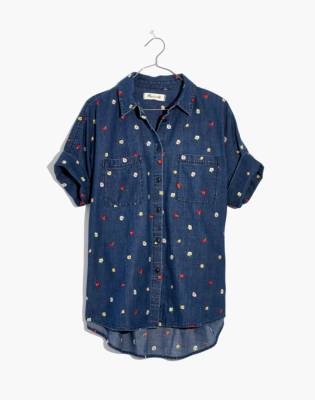 Embroidered Denim Courier Shirt in Confetti Floral in gardner wash image 4
