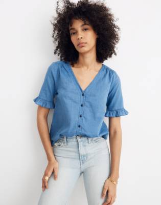 denim ruffle sleeve shirt