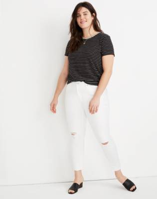 9" Mid-Rise Skinny Crop Jeans in Pure White: Knee-Rip Edition in pure white image 1